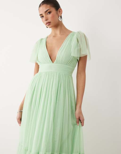 Lace & Beads Bridesmaid Madison tulle smocked flutter sleeve tiered maxi dress in light sage, 2 of 4