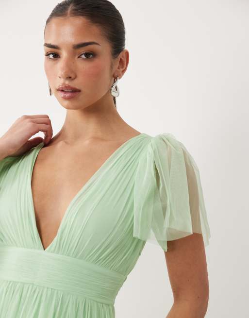 Lace & Beads Bridesmaid Madison tulle smocked flutter sleeve tiered maxi dress in light sage, 3 of 4