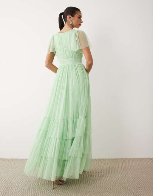 Lace & Beads Bridesmaid Madison tulle smocked flutter sleeve tiered maxi dress in light sage, 4 of 4