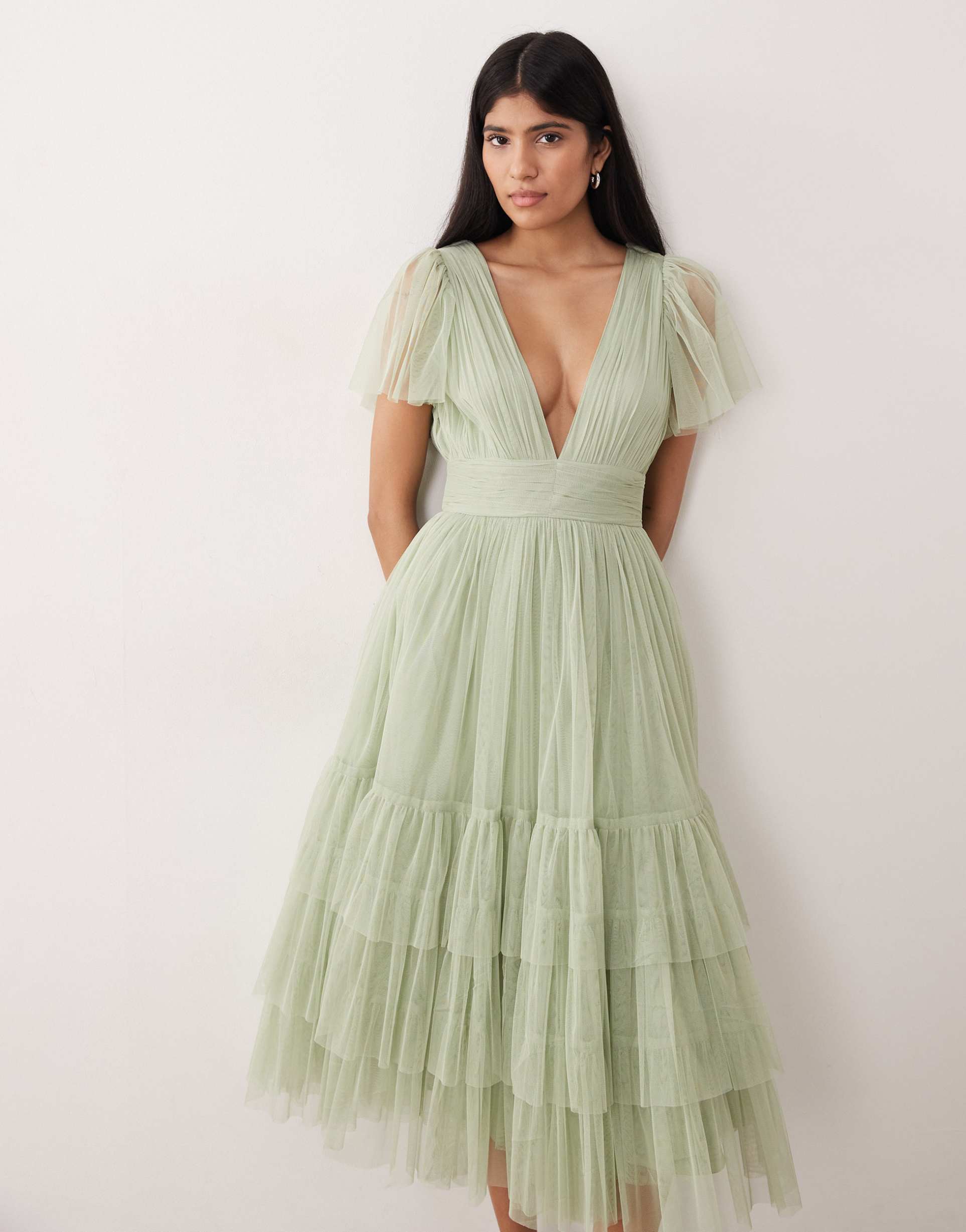 lace & beads bridesmaid madison tulle v neck midi dress in sage green