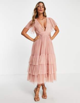 Lace & Beads Bridesmaid Madison v neck tulle dress in blush-Pink