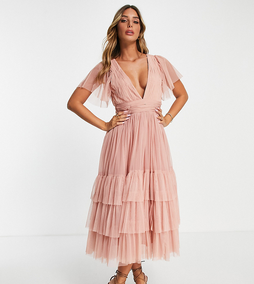 Lace & Beads Bridesmaid Madison v neck tulle dress in blush-Pink