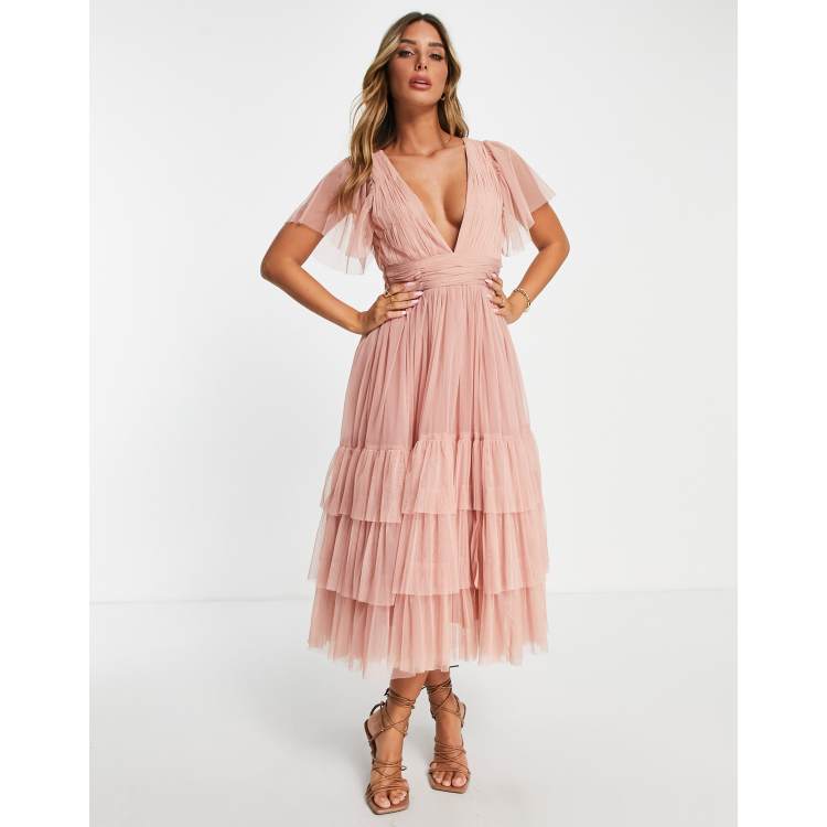 Lace & Beads Bridesmaid Madison v neck tulle dress in blush | ASOS