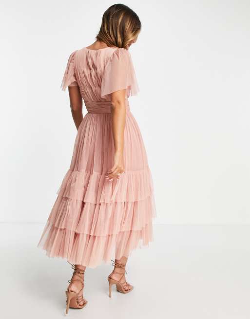 Lace & Beads Bridesmaid sheer one shoulder tulle midi dress in