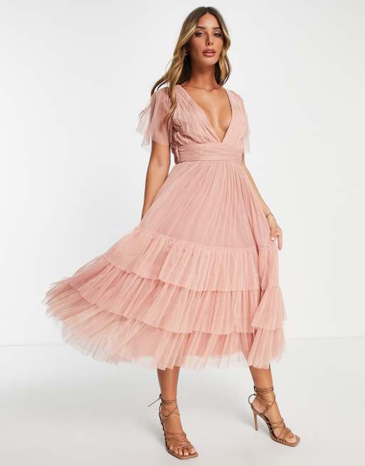 Lace & Beads Bridesmaid Madison v neck tulle dress in blush