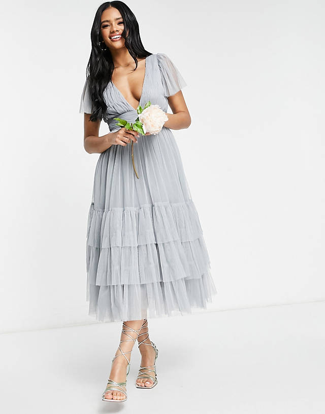 Lace & Beads Bridesmaid Madison v neck tulle dress in dusty blue