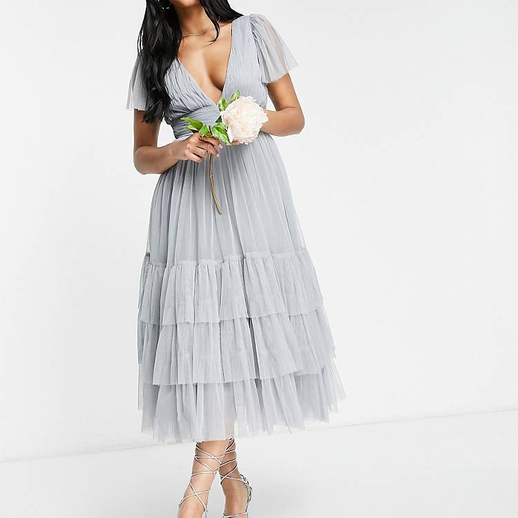 Lace & Beads Bridesmaid Madison v neck tulle dress in dusty blue | ASOS