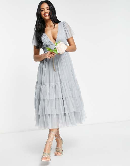 Lace & Beads Bridesmaid Madison v neck tulle dress in dusty blue