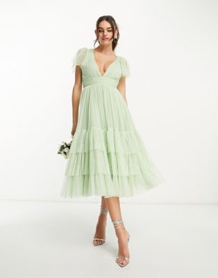 Lace & Beads Bridesmaid Madison V Neck Tulle Dress In Sage-green