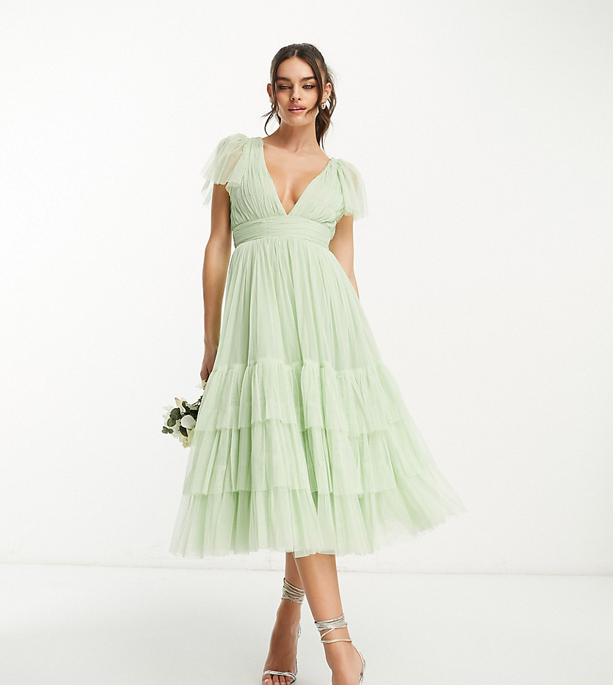 Lace & Beads Bridesmaid Madison v neck tulle dress in sage-Green