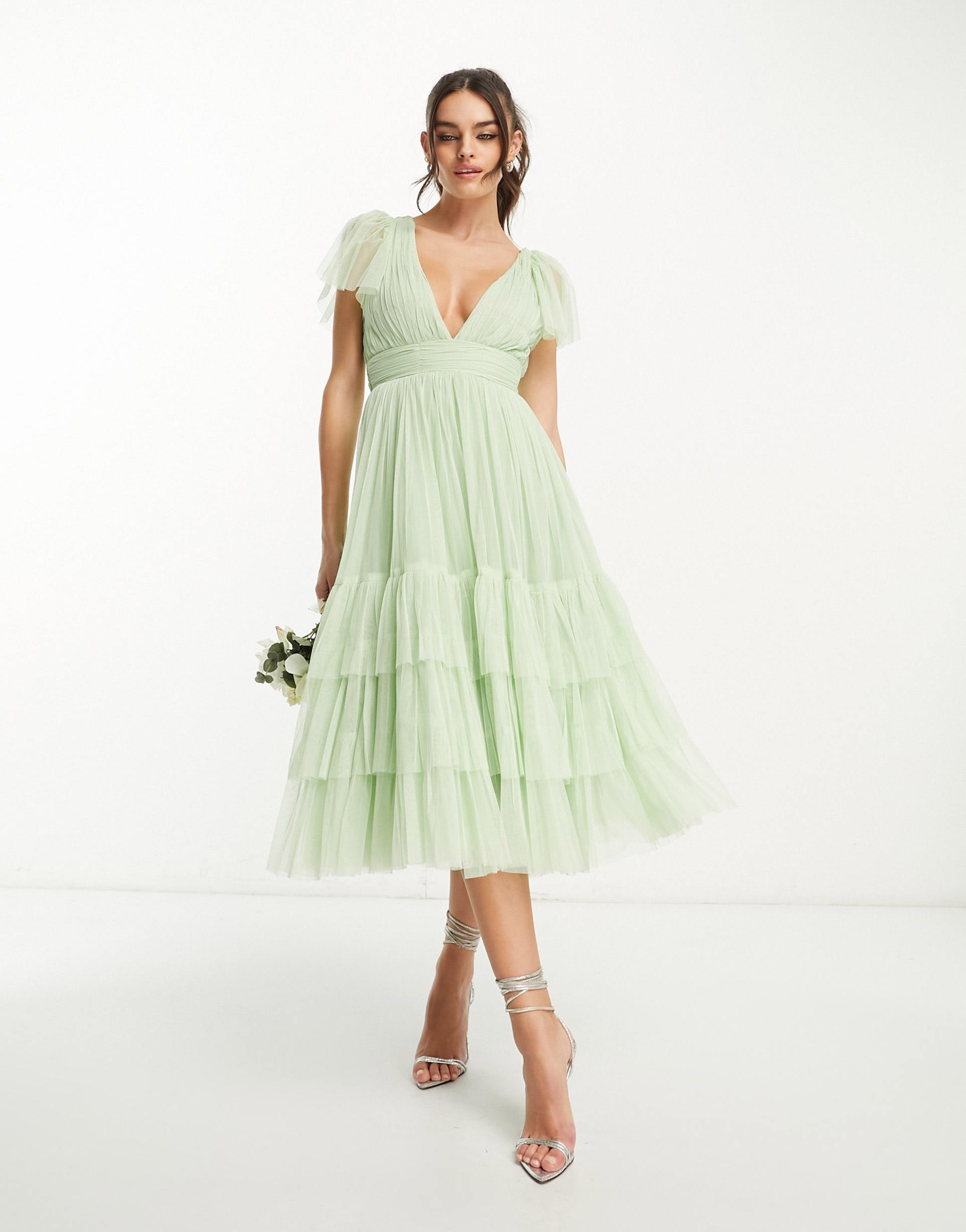 lace & beads bridesmaid madison v neck tulle dress in sage