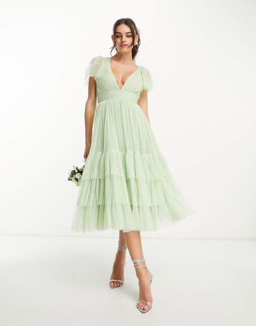 Lace Beads Bridesmaid Madison v neck tulle dress in sage