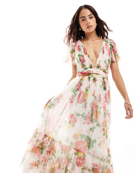 Lace & Beads Bridesmaid Madison v neck tulle maxi dress in bright floral