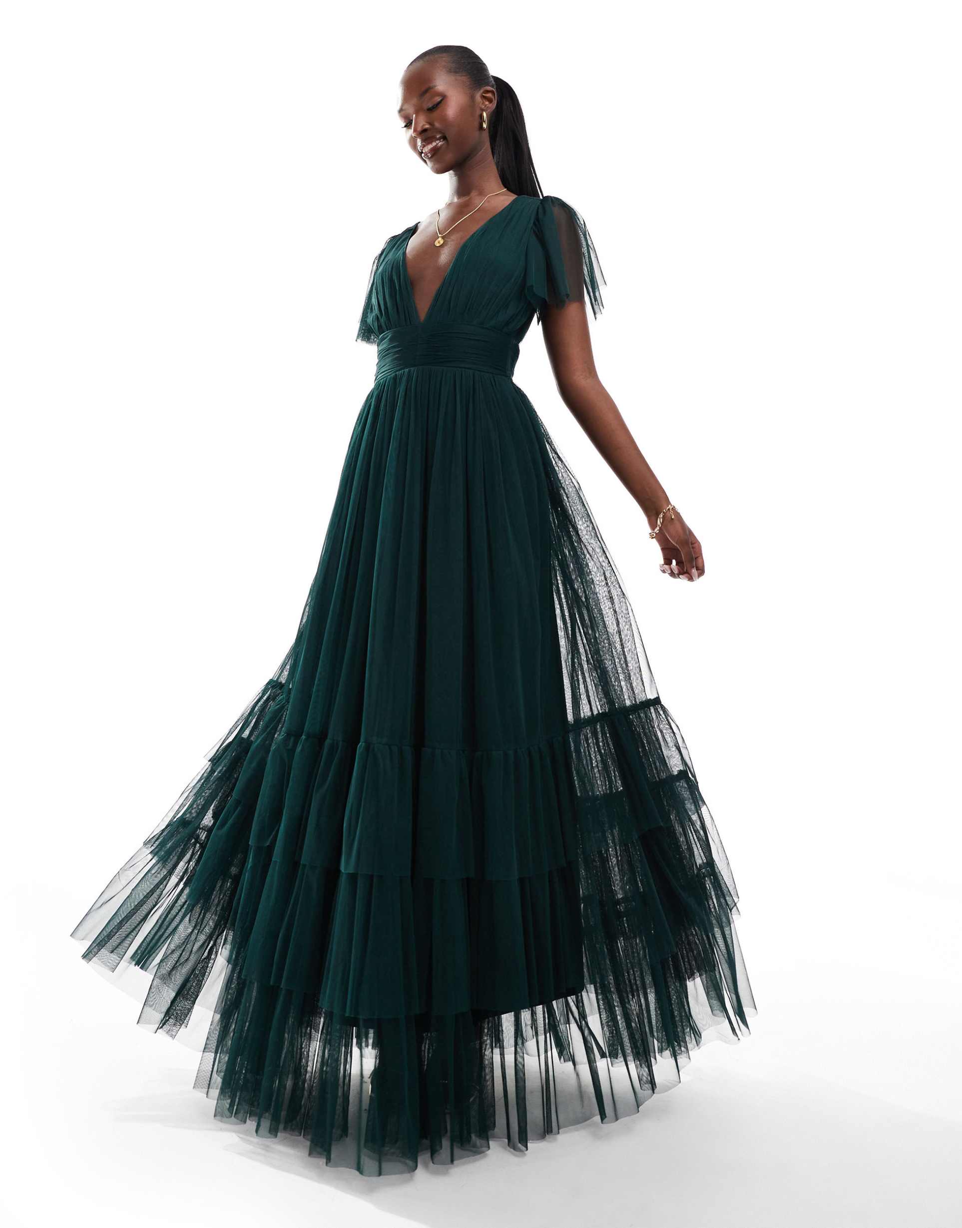 lace & beads bridesmaid madison v neck tulle maxi dress in emerald