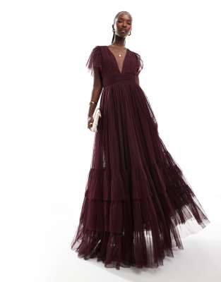 Lace & Beads Bridesmaid Madison V-neck Tulle Maxi Dress In Plum-purple