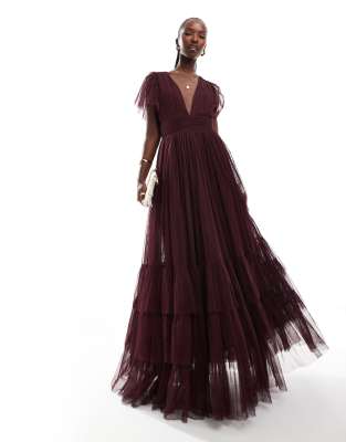 Bridesmaid Madison V-neck tulle maxi dress in plum-Purple