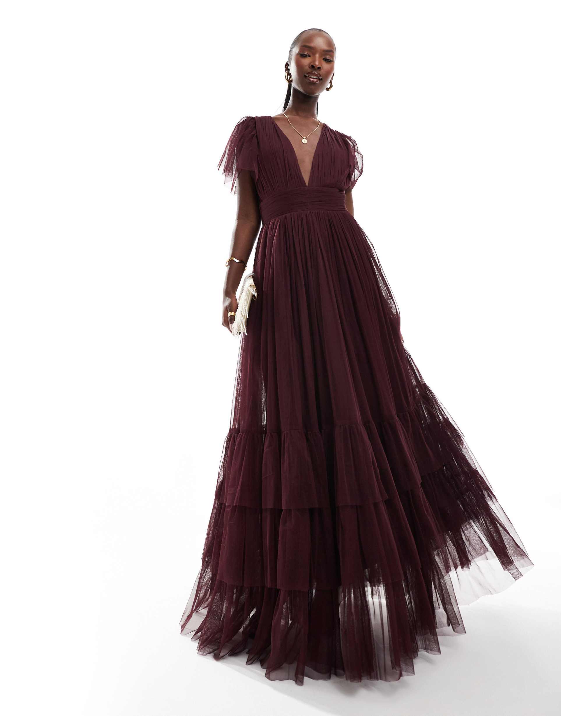 lace & beads bridesmaid madison v-neck tulle maxi dress in plum