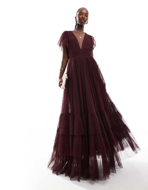 Lace Beads Bridesmaid Madison v neck tulle maxi dress in plum ASOS