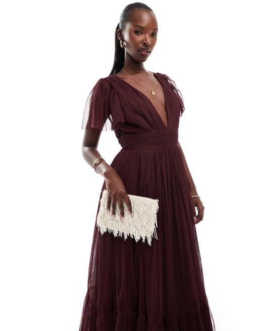 Lace Beads Bridesmaid Madison v neck tulle maxi dress in plum ASOS