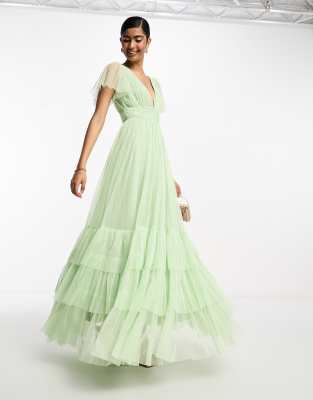 Bridesmaid Madison v neck tulle maxi dress in sage-Green