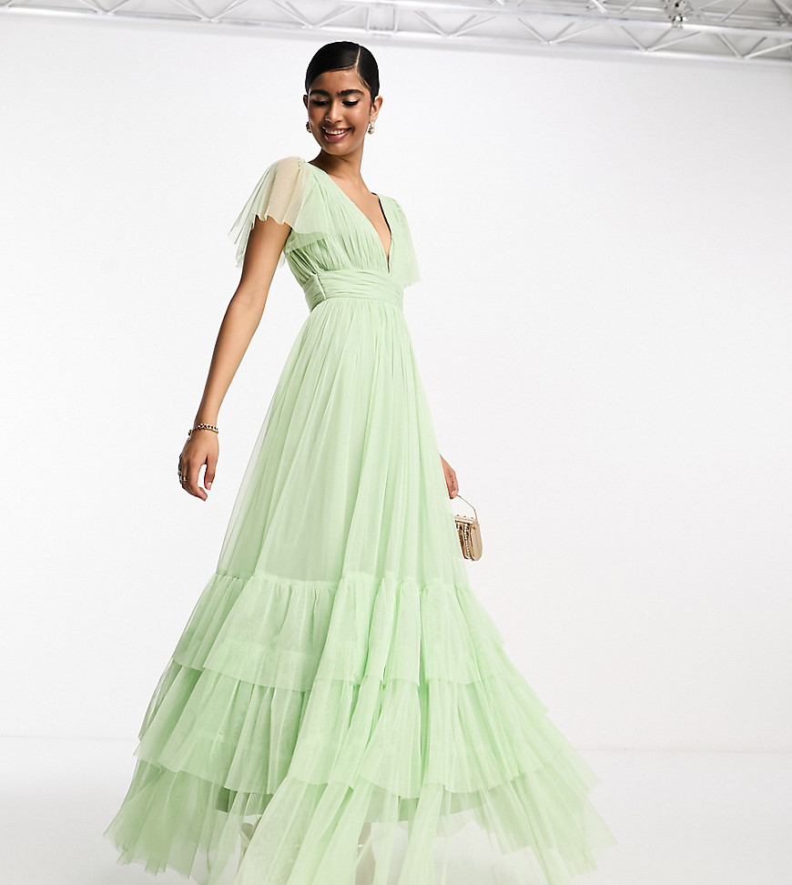 Lace & Beads Bridesmaid Madison V Neck Tulle Maxi Dress In Sage-green