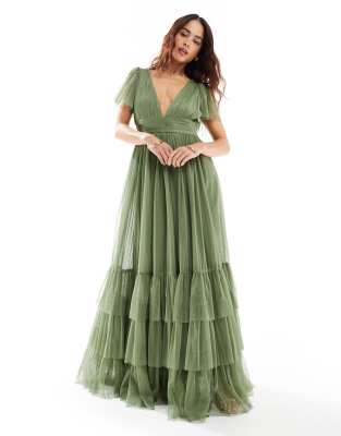 Lace & Beads Bridesmaid Madison V-neck Tulle Maxi Dress In Soft Olive-green