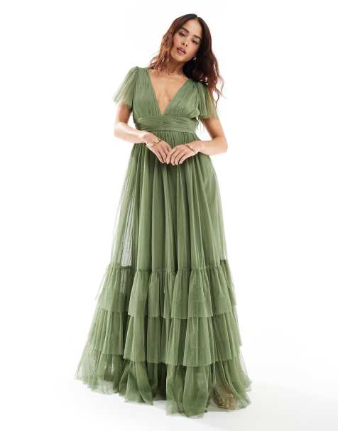 Lace & Beads Bridesmaid Madison v-neck tulle maxi dress in soft olive - view 1