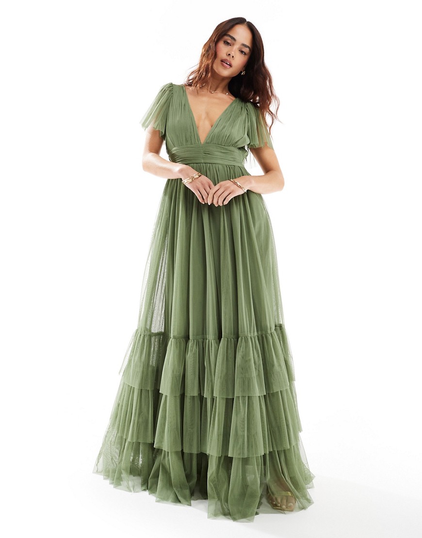 Lace & Beads Bridesmaid Madison v neck tulle maxi dress in soft olive-Green
