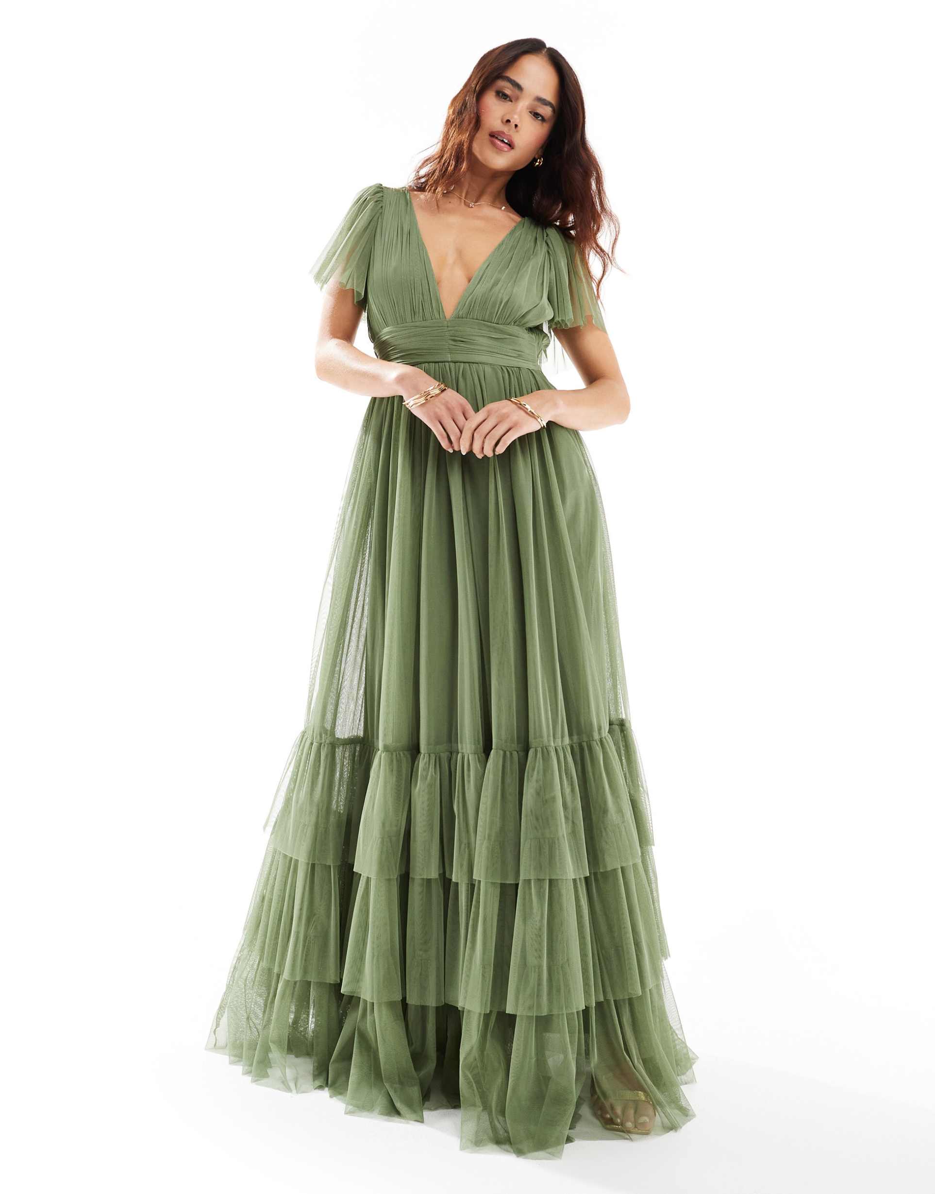 lace & beads bridesmaid madison v-neck tulle maxi dress in soft olive