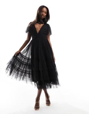 Bridesmaid Madison v neck tulle midi dress in black