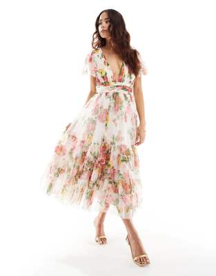 Lace & Beads Bridesmaid Madison v neck tulle midi dress in bright floral-Pink