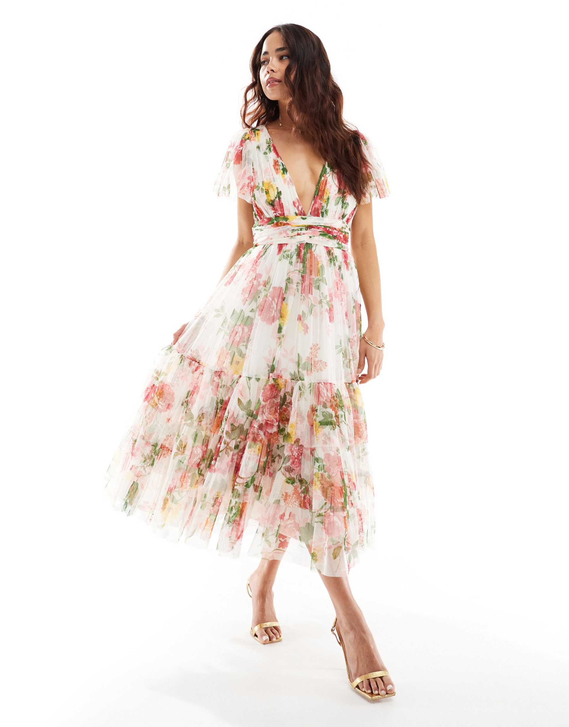 lace & beads bridesmaid madison v neck tulle midi dress in bright floral