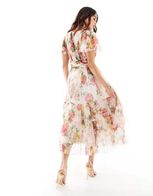 Lace & Beads Bridesmaid Madison v neck tulle midi dress in