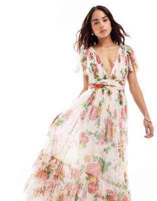 Lace & Beads Bridesmaid Madison V-neck Tulle Midi Dress In Bright Floral-pink