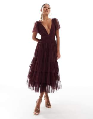 Bridesmaid Madison v neck tulle midi dress in burgundy-Red