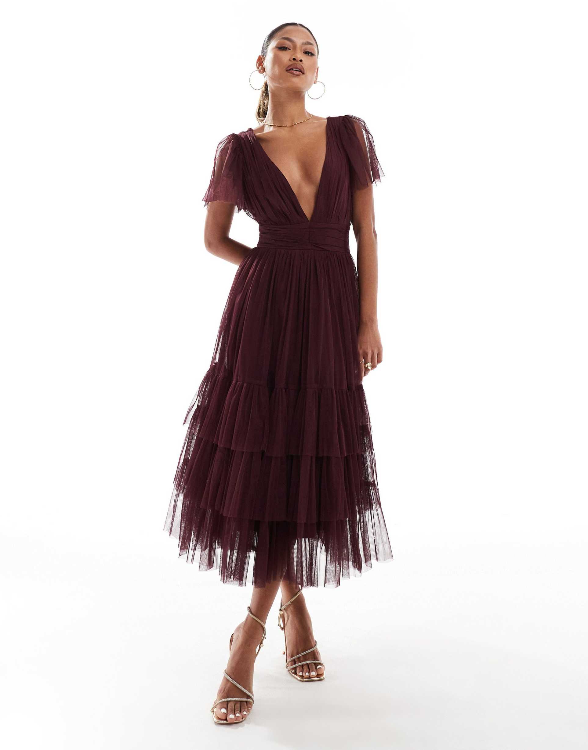 lace & beads bridesmaid madison v neck tulle midi dress in burgundy