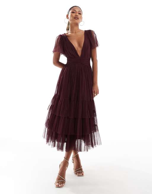 Lace Beads Bridesmaid Madison v neck tulle midi dress in burgundy