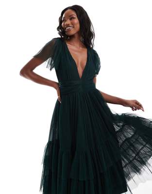 Bridesmaid Madison v neck tulle midi dress in dark green