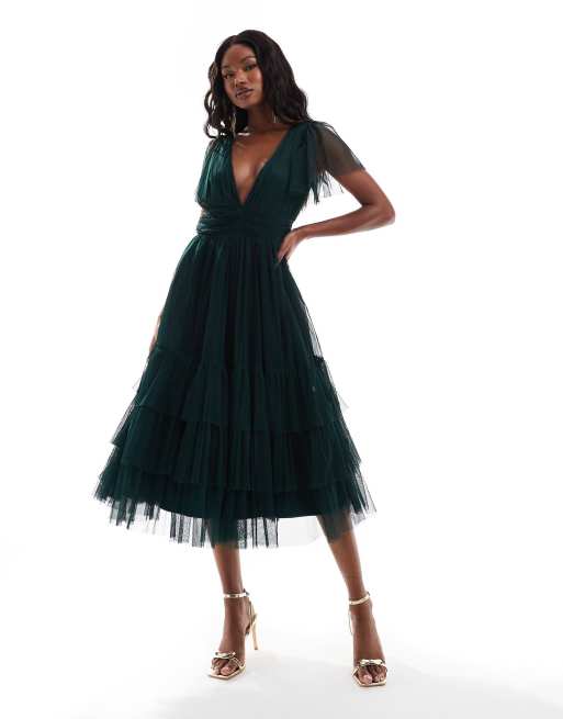 Lace Beads Bridesmaid Madison v neck tulle midi dress in dark green ASOS