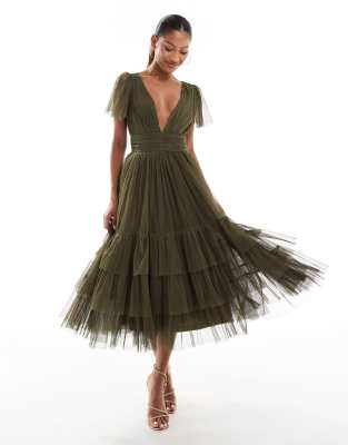 Bridesmaid Madison v neck tulle midi dress in deep olive-Green