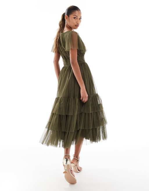 Lace Beads Bridesmaid Madison v neck tulle midi dress in deep