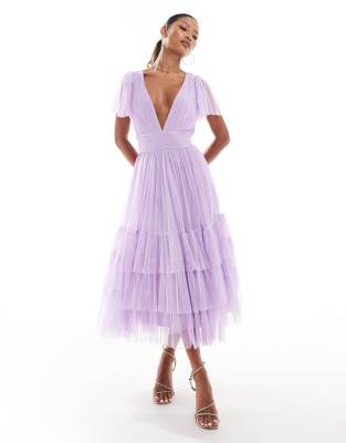 Bridesmaid Madison v neck tulle midi dress in lavender lilac-Purple