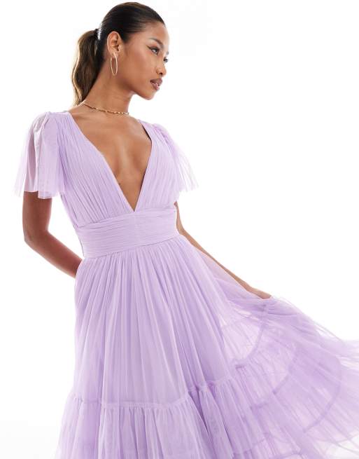 knee length dresses for ladies Lavender Satin Puff-Sleeve Midi Dress – trinarosh main image 0