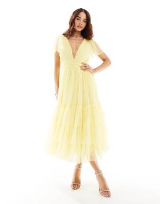 Lace & Beads Bridesmaid Madison v neck tulle midi dress in lemon