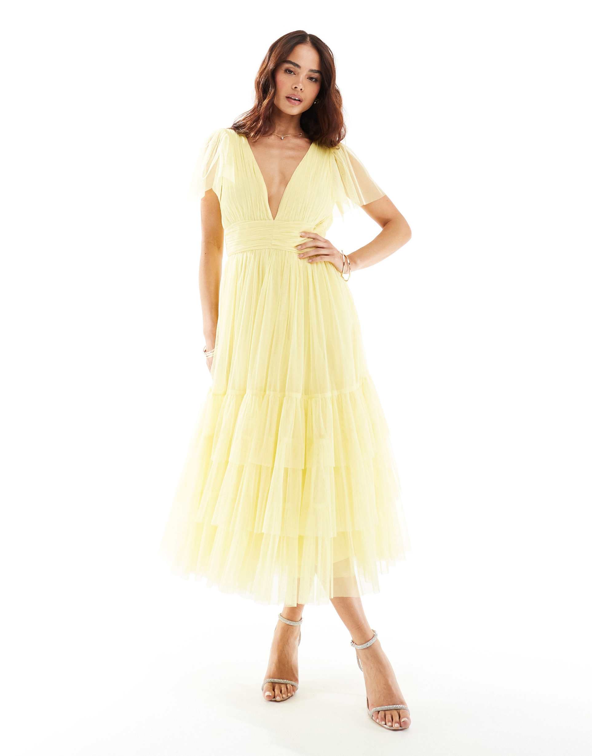 lace & beads bridesmaid madison v-neck tulle midi dress in lemon