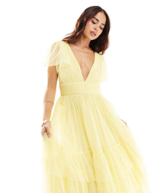 Lace & Beads Bridesmaid Madison v-neck tulle midi dress in lemon, 3 of 4