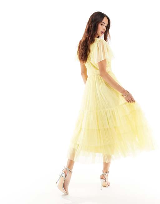 Lace & Beads Bridesmaid Madison v-neck tulle midi dress in lemon, 4 of 4