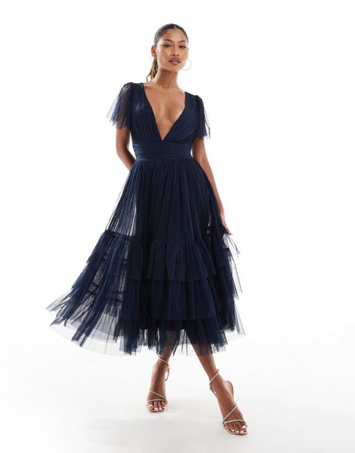 Lace & Beads Bridesmaid Madison v neck tulle midi dress in navy