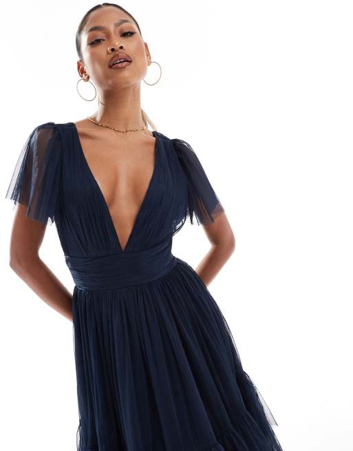 Lace Beads Bridesmaid Madison v neck tulle midi dress in navy ASOS