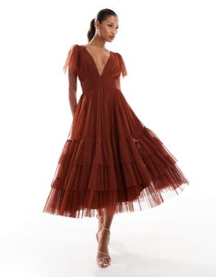 Bridesmaid Madison v neck tulle midi dress in rust-Brown